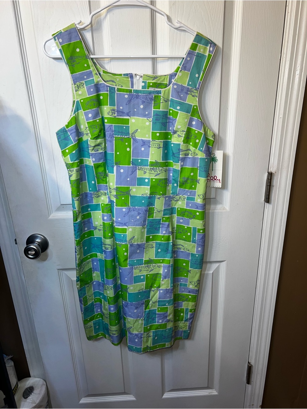 NWT LILLY PULITZER Krista Dress Sea Breeze Fish Grid Shift Green Blue Size 12